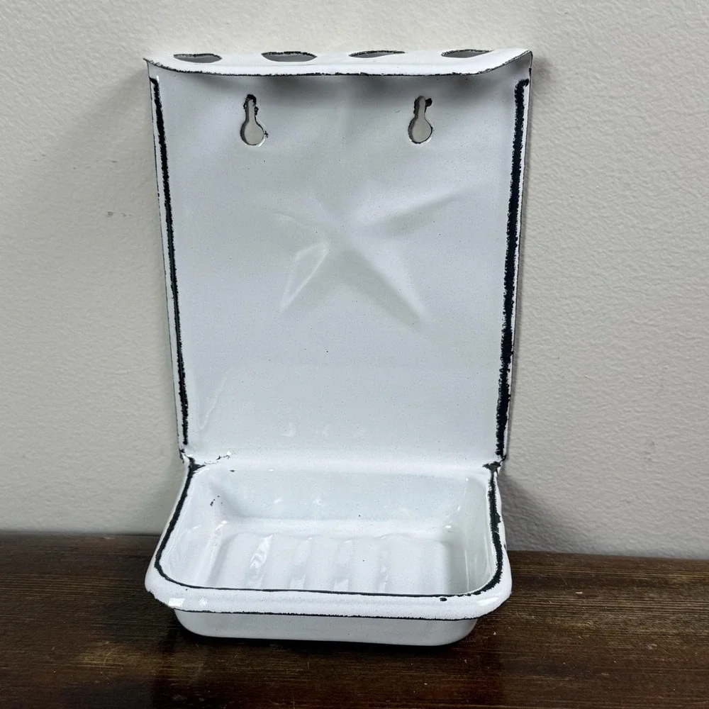 Wall Mount Enamel Soap Dish Toothbrush Holder White Star Farmhouse Bathroom